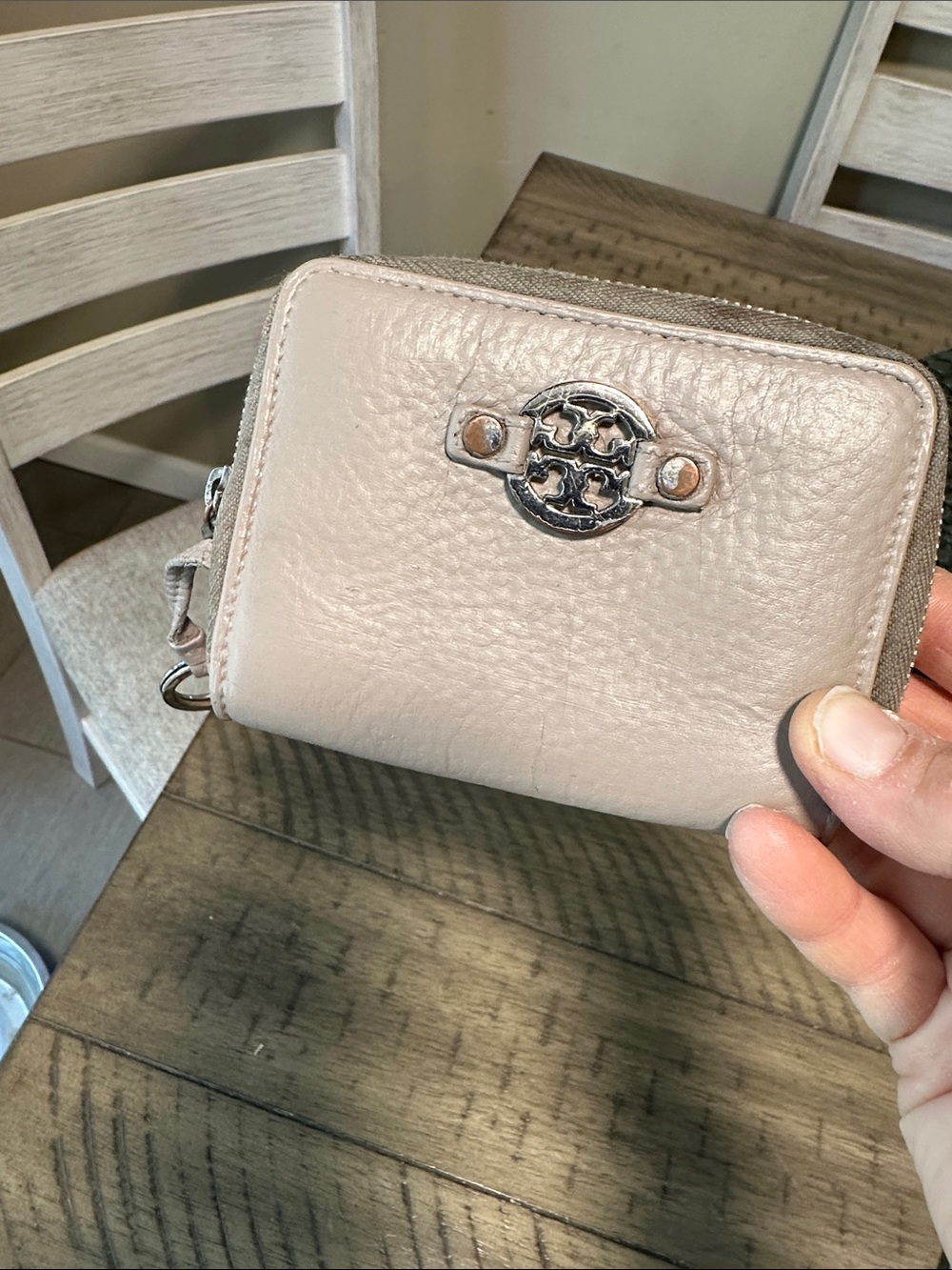 Tory Burch Pebbled Leather Compact Zip Wallet in Light Taupe